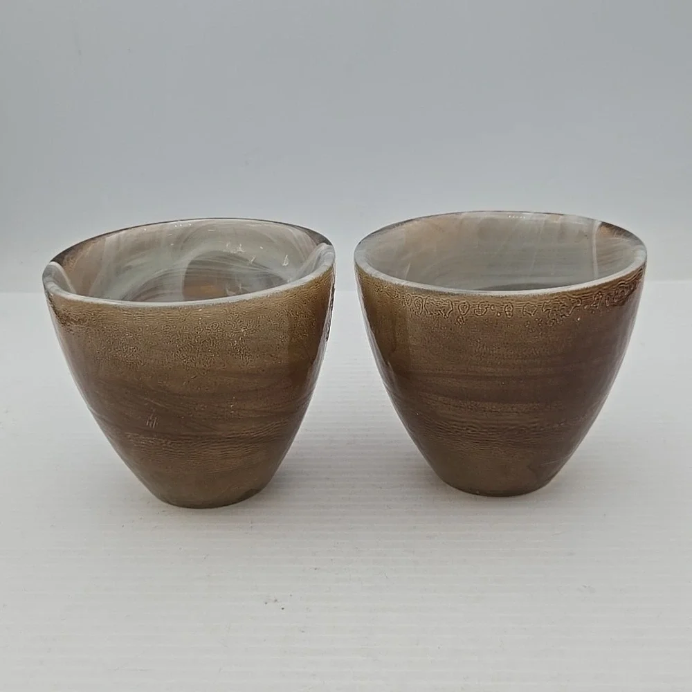 Ecoglass Recycled Glass Votive Holder Tan & White Swirls Spain Set Of 2